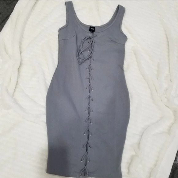 Gray Mini Dress with Lace up Front - Picture 2 of 4